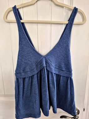 Free People Zinia Thermal Waffle Knit Babydoll Tank Top Size Small Flowy Blue